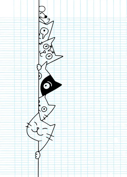 Söt Doodle katter gömmer sig bakom väggen, tecknad ritning — Stock vektor
