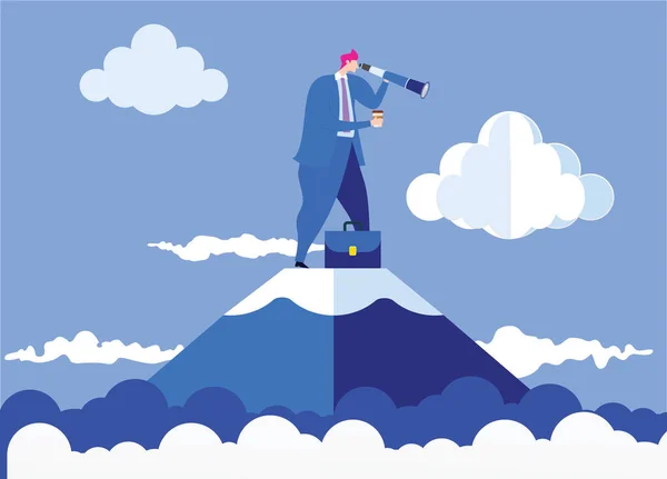 Бізнесмен, що стоїть на вершині гори, використовуючи вигляд телескопа — стоковий вектор