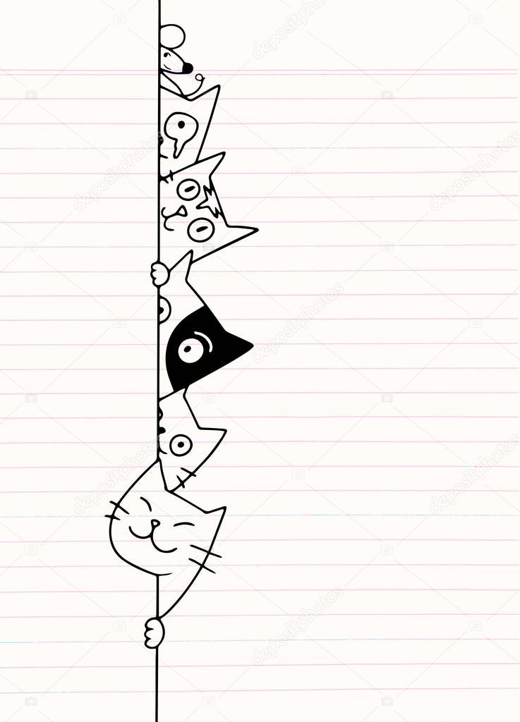 Cute doodle cats hides behind the wall , cartoon drawing