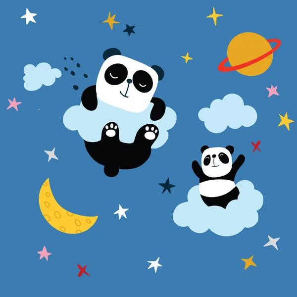 Antecedentes del patrón de panda, feliz lindo panda volando en el cielo apuesta — Vector de stock