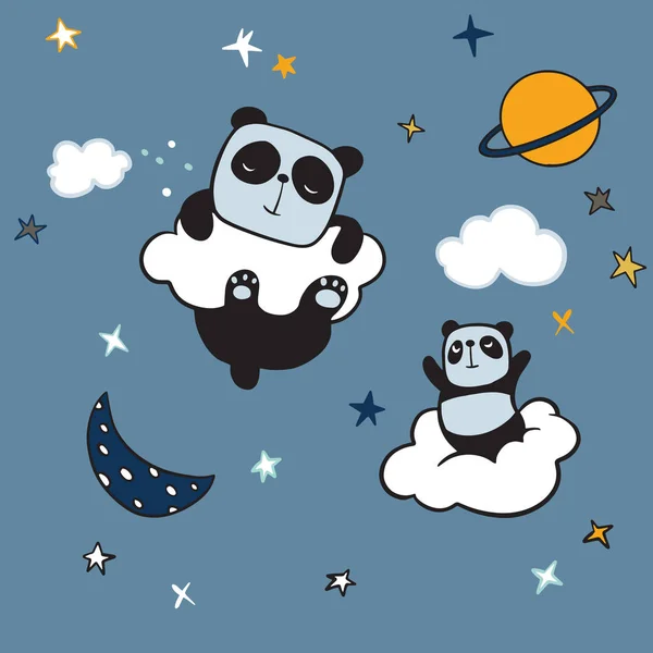 Antecedentes del patrón de panda, feliz lindo panda volando en el cielo apuesta — Vector de stock