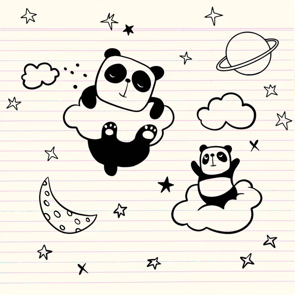 Antecedentes del patrón de panda, feliz lindo panda volando en el cielo apuesta — Vector de stock