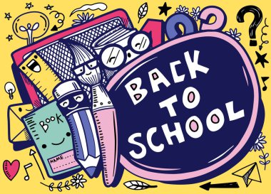 Komik okul karakteri ile okul vektör afiş tasarımı geri