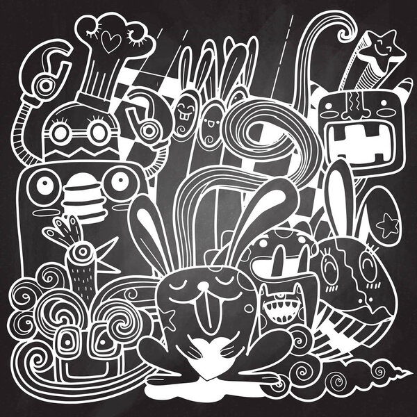 Смешной кролик чёрно-белый, Отлично подходит для раскраски страниц, печати, б
