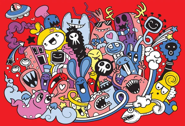 Ilustração vetorial de Doodle bonito Monstro fundo, Desenho à mão —  Vetores de Stock