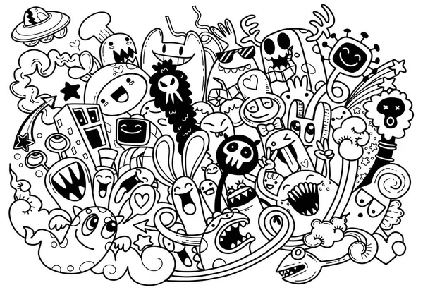 Ilustração vetorial de Doodle bonito Monstro fundo, Desenho à mão — Vetor de Stock