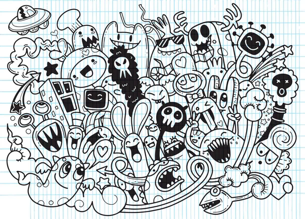 Illustrazione vettoriale di Doodle carino sfondo mostro, Disegno a mano — Vettoriale Stock