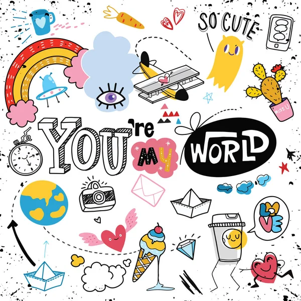 Cute hand drawn doodle set with icons and design elements — Stock Vector