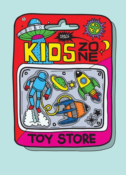 Oyuncak durumda içinde birçok oyuncak vardır, uzay elemanları, Uzay backg — Stok Vektör