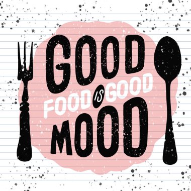 Gıda ile ilgili tipografik alıntı. Gıda eski logo tasarımı. Grunge arka plan üzerinde çatal ve kaşık ile Vintage mutfak baskı elemanı