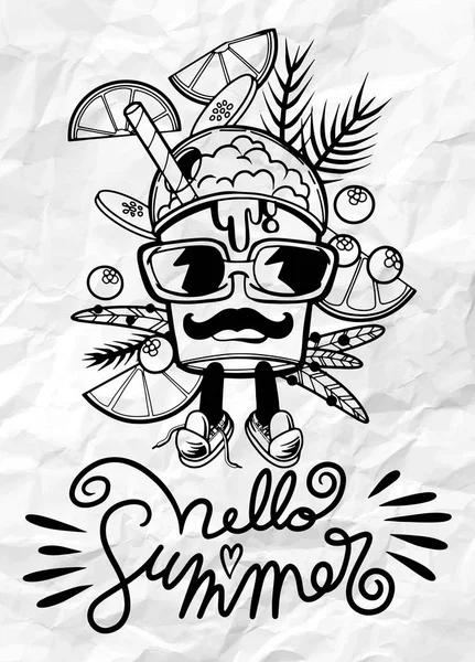 Ilustracja warzyw Smoothie w szklance ze słomy i obrazy składników z tekstem, Hello Summer — Wektor stockowy