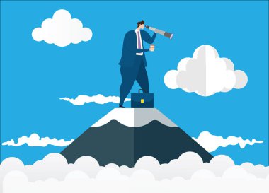 Teleskopla dağın tepesinde duran işadamı