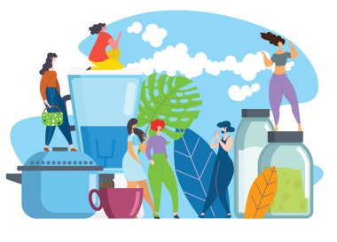 Vektör karikatür kız grup karakterleri birlikte mutfakta pişirme