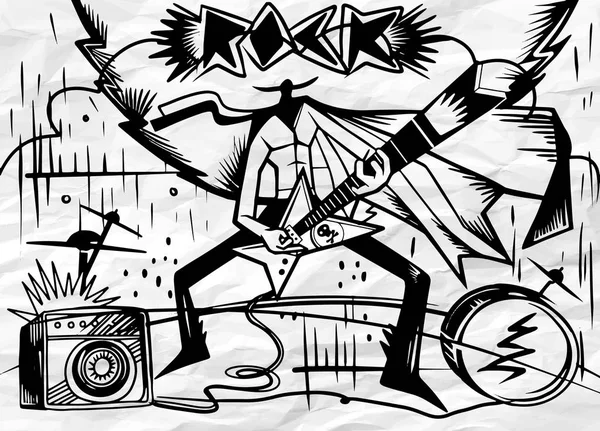 Illustration de rock star jouant avec guitare sur bac abstrait — Image vectorielle