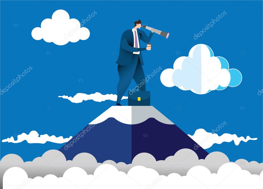 Businessman standing on top of the mountain using telescope look