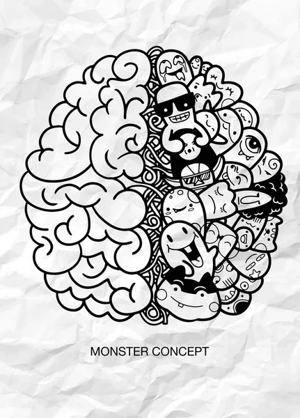 Creatief concept van het menselijk brein, monster doodle concept, Vect — Stockvector