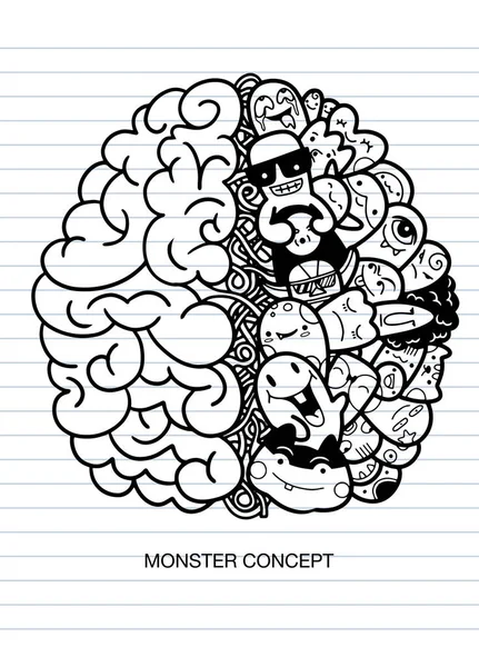 Concepto creativo del cerebro humano, Monster Doodle Concept, vect — Vector de stock