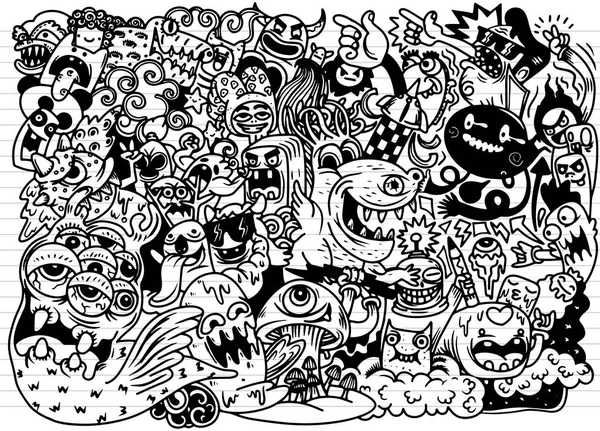 Ilustración vectorial de Doodle lindo Monster fondo, Dibujo a mano — Vector de stock