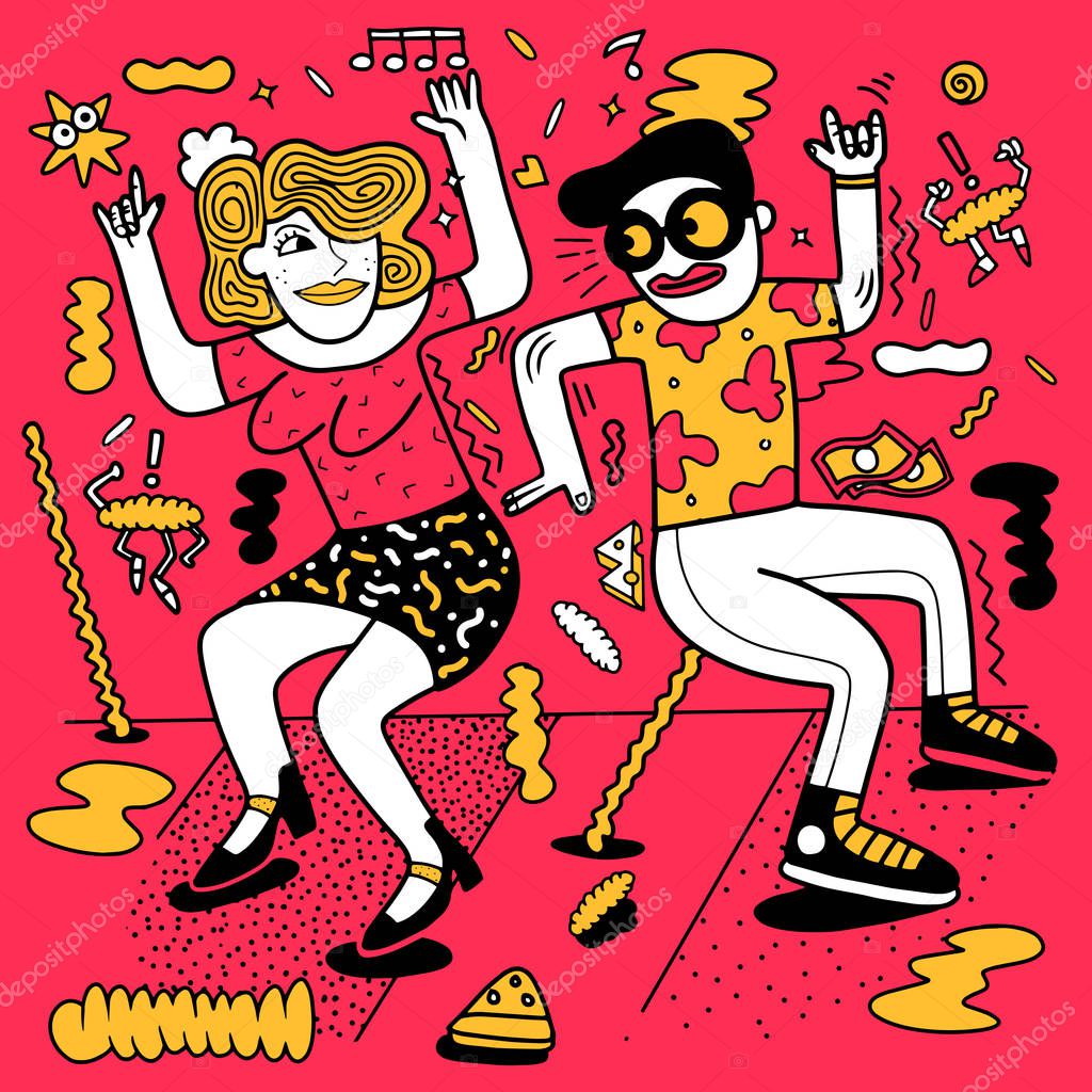 illustration , Disco party dancing men and women. Pop art retro 