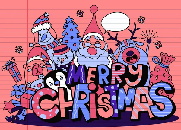 Veselé Vánoce! Vánoční roztomilé postavy a hezké písmo — Stockový vektor