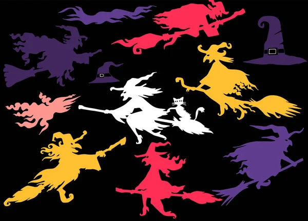 Silhouette de sorcières, set de sorcières pour Halloween, vecto dessiné à la main — Image vectorielle