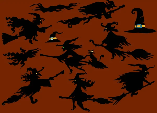 Wiedźmy sylwetka, zestaw czarownic na Halloween, ręcznie rysowane vecto — Wektor stockowy