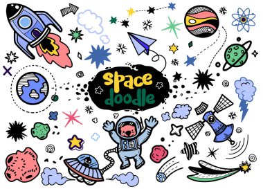 El çizilmiş uzay elemanları deseni. Uzay arka planı. Uzay doodl