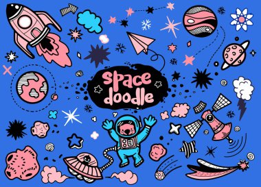El çizilmiş uzay elemanları deseni. Uzay arka planı. Uzay doodl