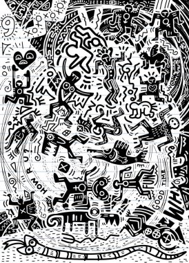 İllüstrasyon ,El Çizilmiş Doodle şehir psy deli insanların