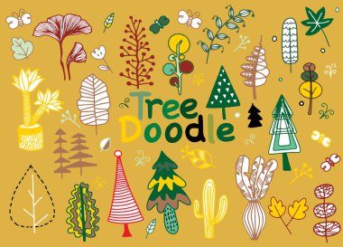 El çizmek ile ağaç seti Doodle, karalama orman soyut silh
