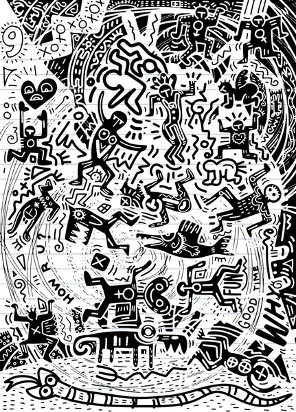 Ilustración, Doodle dibujado a mano de gente loca en la ciudad psy — Archivo Imágenes Vectoriales