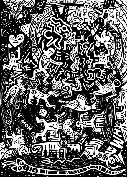 Illustration, Hand Drawn Doodle of crazy people in the city psy — стоковый вектор