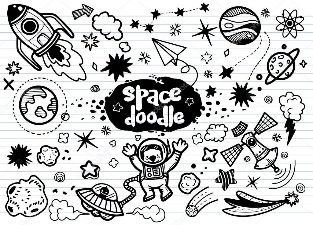 Hand drawn space elements pattern. Space background. Space doodl