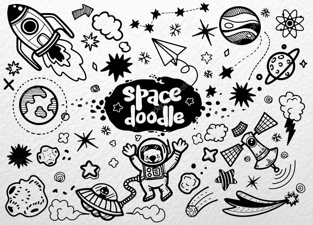 Illustration, Hand drawn space elements pattern. Space backgroun