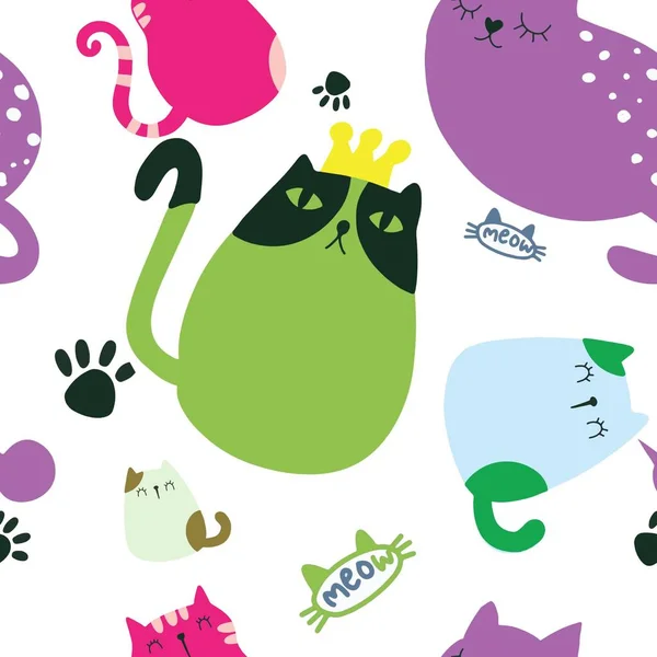 Seamless childish pattern with cute cat and hand drawn shapes. C — Stock Vector