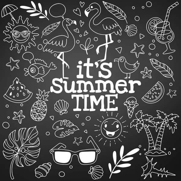 Készlet aranyos nyári ikonok: étel, ital, pálmalevél, gyümölcsök és — Stock Vector