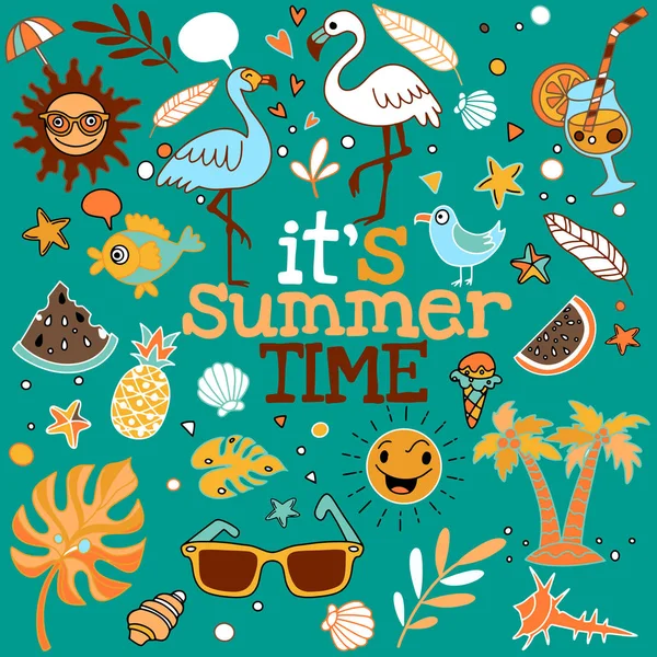 Készlet aranyos nyári ikonok: étel, ital, pálmalevél, gyümölcsök és — Stock Vector