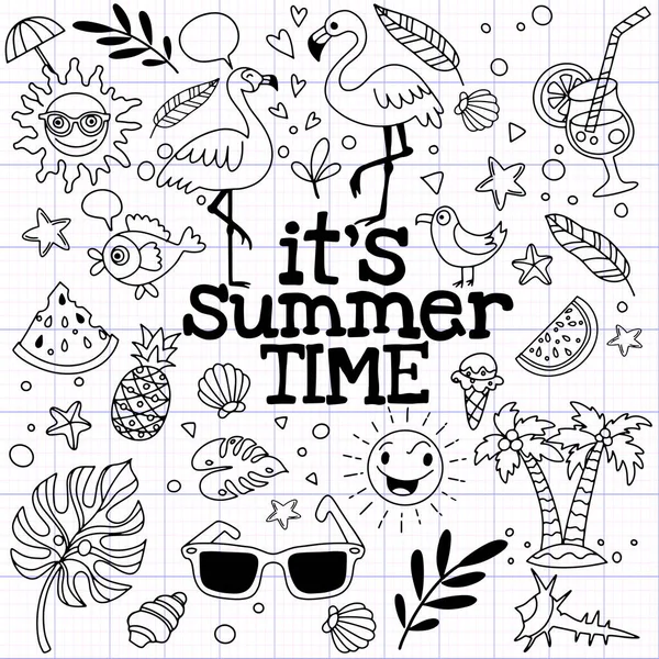 Set ikon musim panas yang lucu: makanan, minuman, daun palem, buah-buahan dan - Stok Vektor