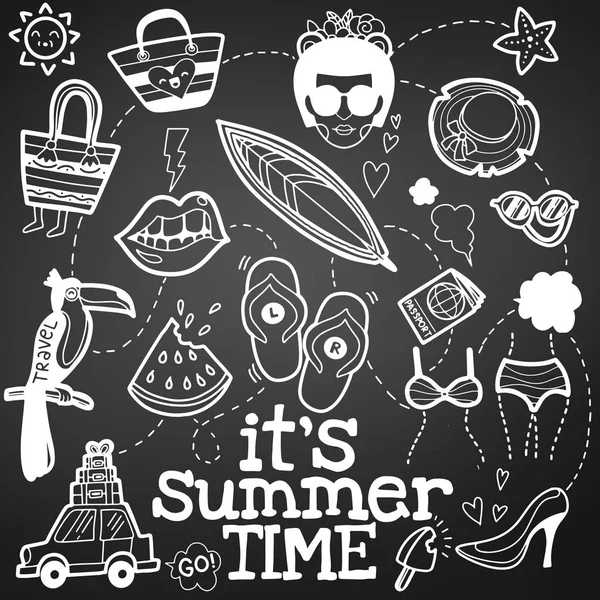 Set van leuke zomer iconen: eten, drinken, Palm bladeren, vruchten en — Stockvector