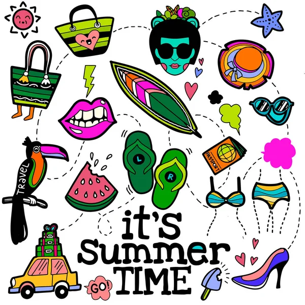 Набор милых летних икон: еда, напитки, пальмовые листья, фрукты и — стоковый вектор