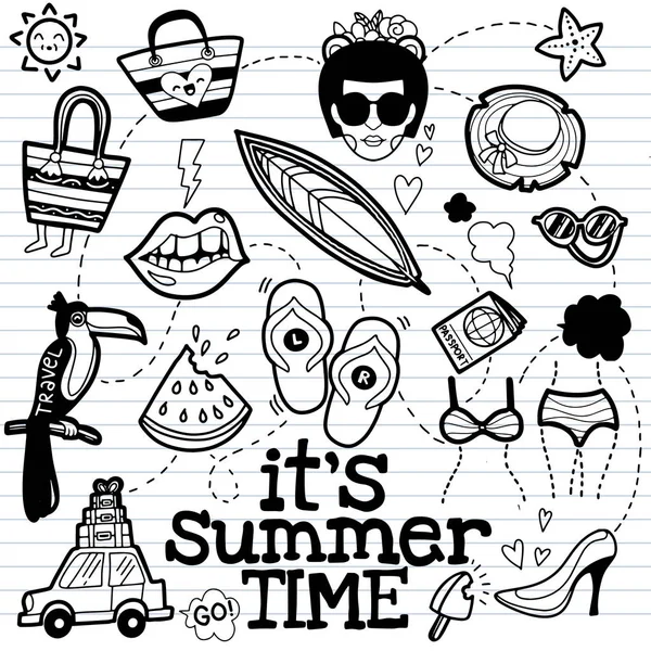 Set ikon musim panas yang lucu: makanan, minuman, daun palem, buah-buahan dan - Stok Vektor