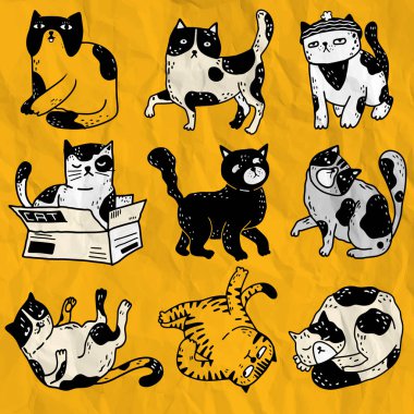 Komik kediler eylem Koleksiyonu , evcil hayvan el co ile çizilmiş