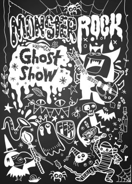 Canavar rock parti afiş el Çizilmiş Vektör İllüstrasyon, Hal