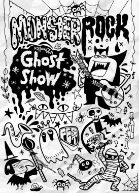 Canavar rock parti afiş el Çizilmiş Vektör İllüstrasyon, Hal