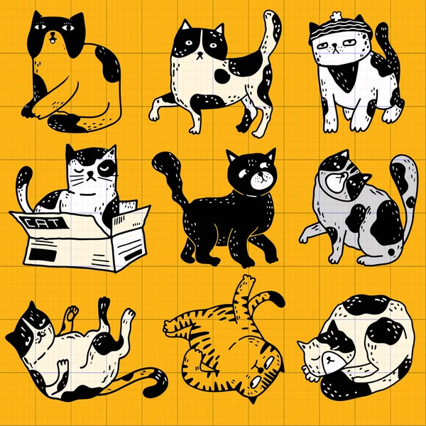 Collection de chats drôles d'action, animaux de compagnie dessinés à la main avec co — Image vectorielle