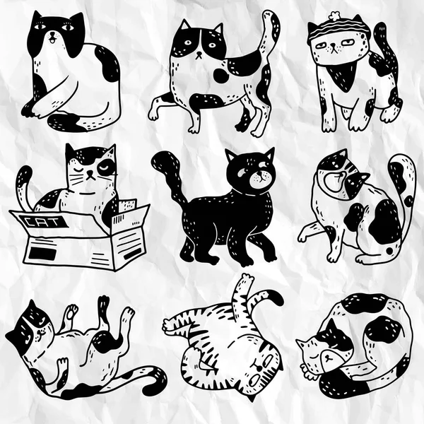 Colección de divertidos gatos acción, animales de compañía mano dibujado con co — Archivo Imágenes Vectoriales