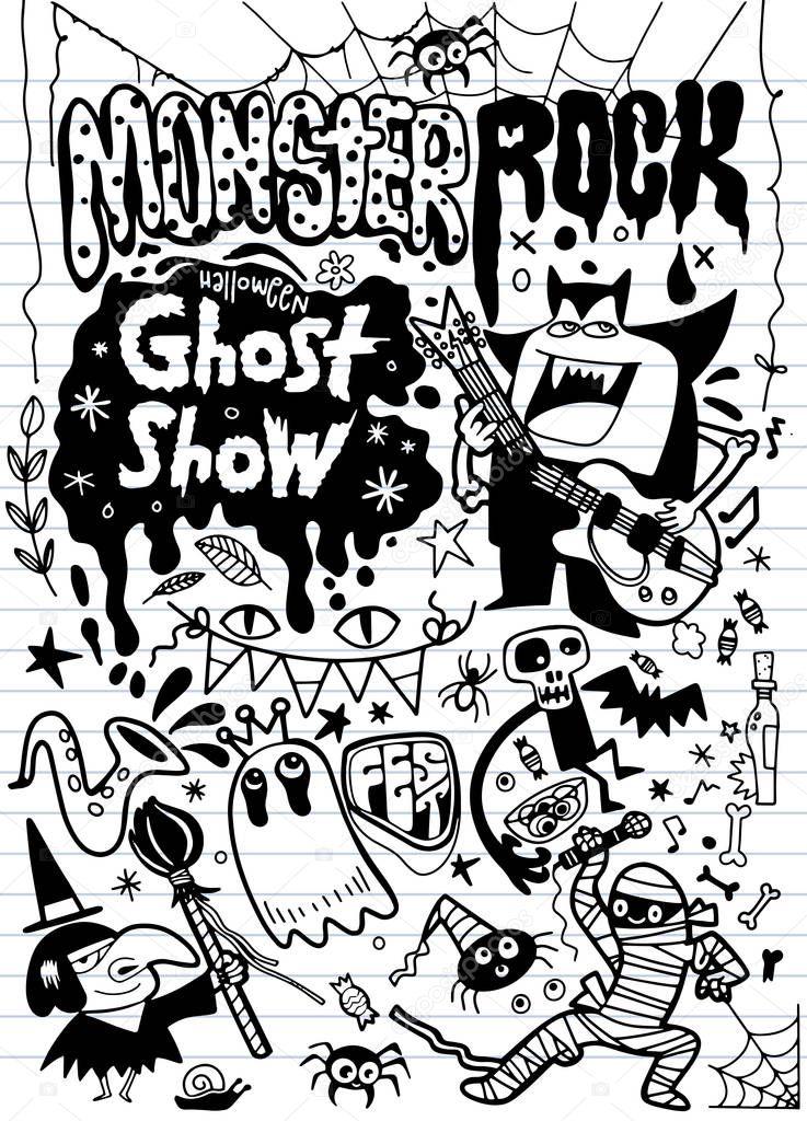 Hand Drawn Vector Illustration Of Monster Rock Party Poster Halloween Party Night Illustrator Line Tools Drawing Flat Design Premium Vector In Adobe Illustrator Ai Ai Format Encapsulated Postscript Eps Eps Format