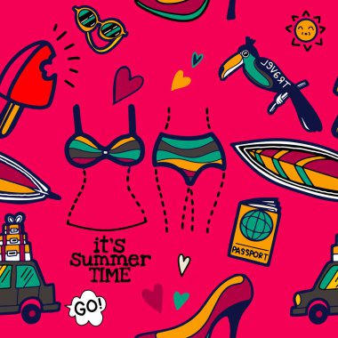 El çizilmiş doodle yaz seti simgeleri ile kesintisiz sevimli desen ,