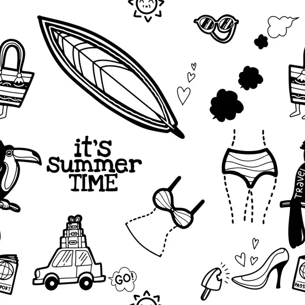 Seamless cute pattern with  Hand drawn doodle summer set icons , — Stock Vector