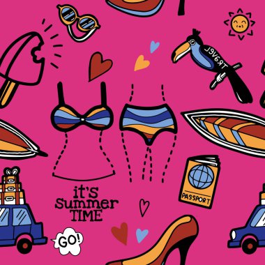 El çizilmiş doodle yaz seti simgeleri ile kesintisiz sevimli desen ,